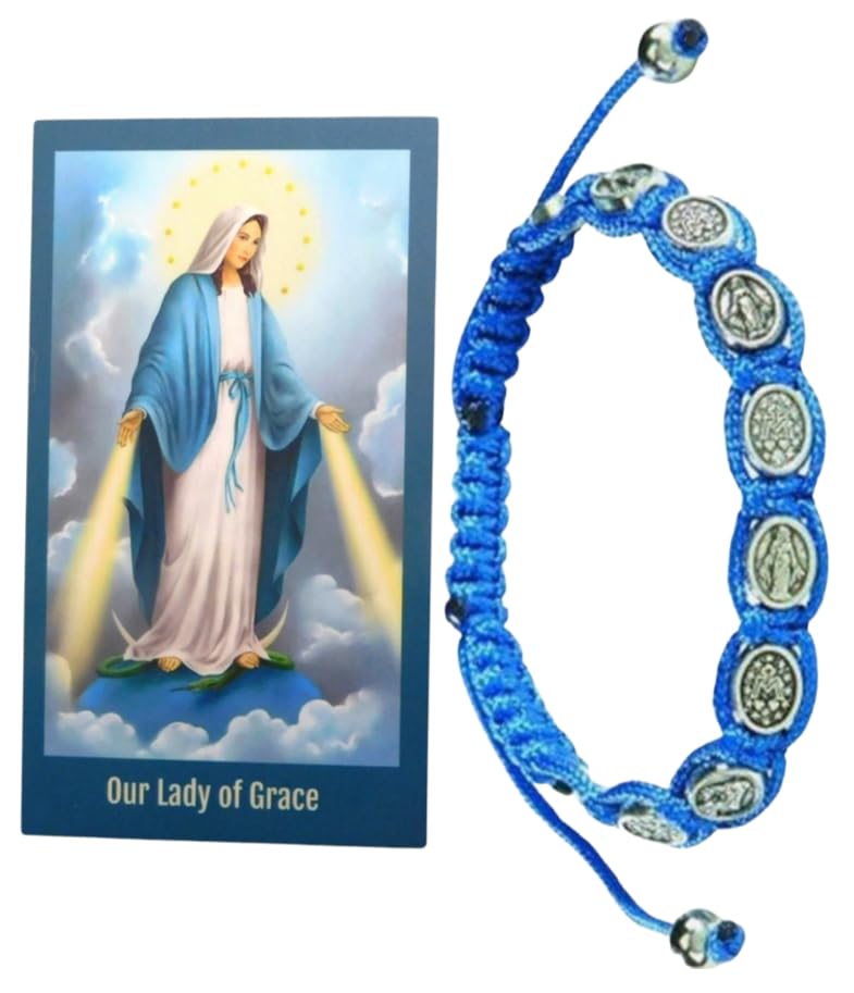 Westmon Works Miraculous Medal Bracelet Blue Paracord and Metal Charms Jewelry with Our Lady of Grace Holy Card Set