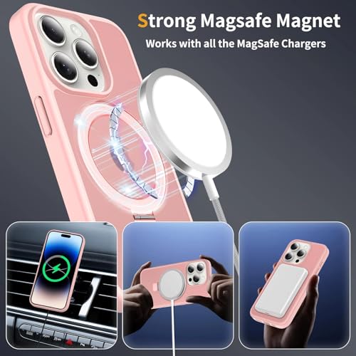 Image of Magnetic for iPhone 15 Pro Case, 6.1 inch, Compatible with MagSafe, Rugged Kickstand, Not-Yellowing Military-Grade Protection, Matte Pink