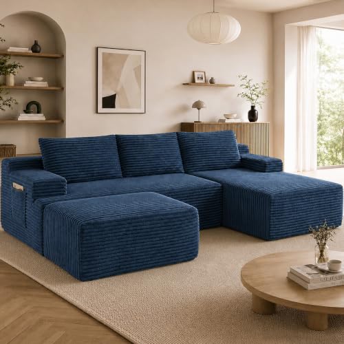 Image of Boneless Couch, Modular Sectional Couches for Living Room, U-Shaped Cloud Couch Sofa with Deep Seat, Fluffy Corduroy Upholstered Corner Sofa