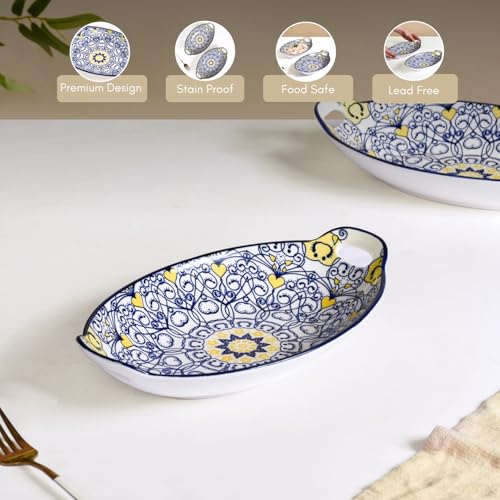 Image of Nestasia Set of 2 Dark Blue Mandala Ceramic Long Dish with Handles for Serving Snacks, Appetizers, Salads, and Noodles | Microwave Safe, Dishwasher Safe (10.8 Inch)