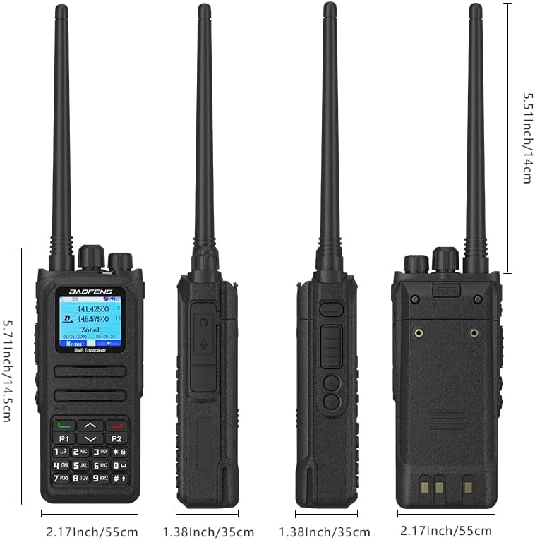 Dimensions of the BAOFENG DM-1701A radio, showing height, width, and depth measurements.