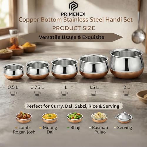 Image of Copper Bottom Stainless Steel Handi Set of 5 - Multipurpose Kitchen Cookware for Cooking & Serving - Energy Efficient, Friendly Cookware | 0.5L - 2L Capacity (Handi Set of 5)
