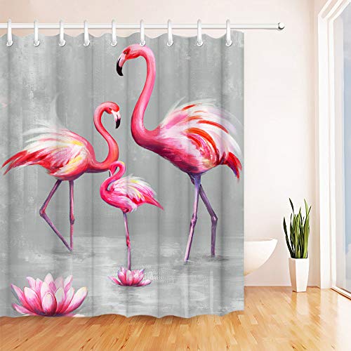Rnnjoile Flamingo Shower Curtains For Bathroom Tropical Shower Curtain Pink And Gray Fabric Bathroom Decor With Hooks 72 Inchx72 Inch Inches thumb #1