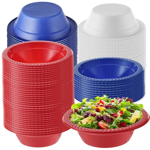 90 Pcs 4th of July Plastic Bowls, Disposable Patriotic Party Salad Bowls, White Red Blue Serving Food Supplies for Independence Day Patriotic Themed Party Favor Outdoor Picnic Festival Celebration