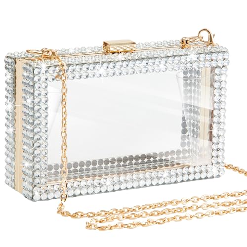 Image of Dansydaisy Clear Rhinestone Clutch Purse for Women, Acrylic | Evening Bag with Gold Chain Strap, Transparent Crossbody Handbag for Wedding, Prom, Party and Stadium Events