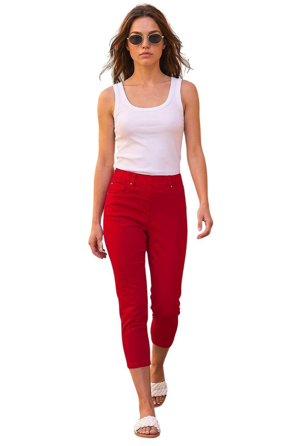 Roman Originals Women's Petite Red Roman Cropped Jeggings For Uk Capri Stretchy Jeans Denim Legging Cotton Summer Trouser Three Quarter 3/4 Length Pull On Cut Off High Waist Smart - Size 14
