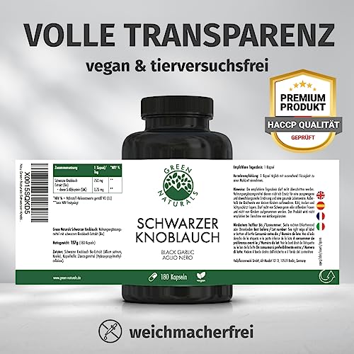 Green Naturals® Schwarzer Knoblauch Kapseln - Hochdosiert: 750 mg (15:1 Extrakt) - Entspricht 11250 mg Tagesdosis - Black Garlic