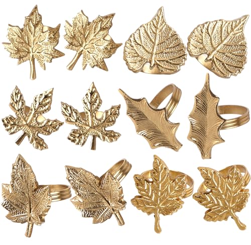 CLEENTABLEThanksgiving Napkin Rings Set-12 Pcs Fall Napkin Holders Metal Leafs Rings Holders Buckle Table Decor for Autumn Thanksgiving Halloween Wedding Home Party Supplies Antique Gold