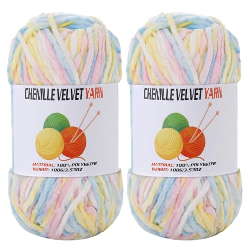 Image of 2 * 100g Velvet Chenille Chunky Yarn, Handcrafts Weaving Soft Chenille Yarn for Crocheting Clearance, Used for Making Baby Yarn Blanket, Clothes, Knitting Creations (Colorful - C)