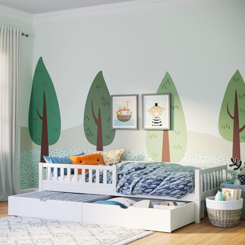Bellabino Vils Kinderbett 90x200 cm – Kleinkindbett mit Schublade, Rausfallschutz & Lattenrost – Montessori Kinder Bett aus Kiefer Massivholz –...