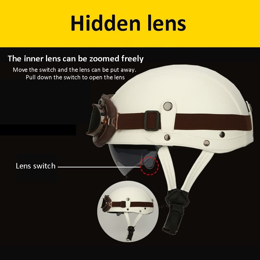Retro Motorrad Halbhelme Leder Halbhelm Deutscher Stil Roller Cruiser Chopper Anti-Collision Helm Abnehmbarer Gehörschutz mit Visier ECE Zertifiziert