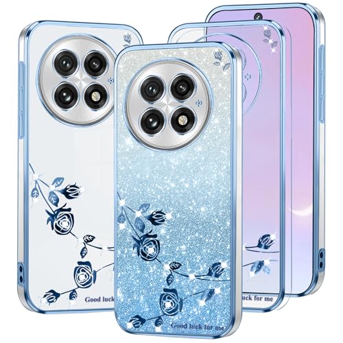 Coque OnePlus 13 silicone antichoc transparente et fleurie bleue pour femme