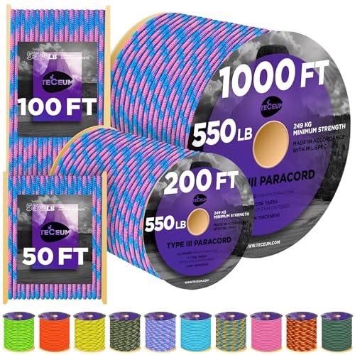 Image of TECEUM Reflective Paracord Rope 1000 - 1000ft /200ft /100ft /50ft - 40+ Colors - Glow in the Dark - para Cord - Utility Rope for Survival, Hunting & Camping Gear - Nylon String, Camping Rope, Tent Cord