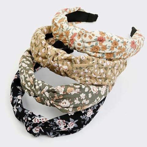 Huachi Headbands for Women and Girls, 4 Packs Fashion Flower Printed Knotted Head Bands for Women’ s Hair, Non Slip Boho Wide Thick Top Knot Hairbands, Womens Trendy Hair Accessories Cover