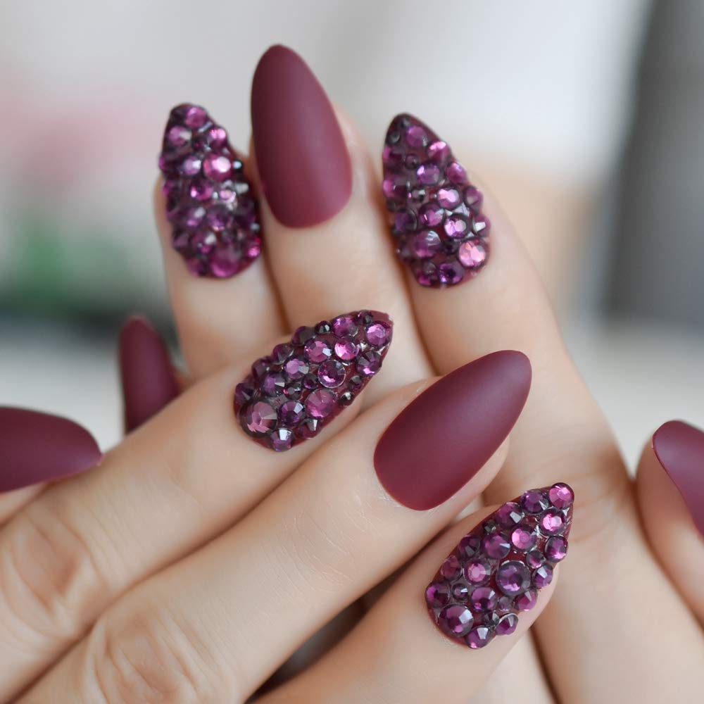 Amazon.com: CoolNail 3D Almond Stiletto Matte False Nail Finger Tips Grape  Purple Burgundy Rhinestones Pre Design Fake Nail Art DIY Tool : Beauty &  Personal Care