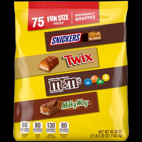 Mars Snickers, M&amp;M'S Milk Chocolate, Milky Way &amp; Twix Fun Size Chocolate Candy Variety Pack, 75 Ct Bulk Bag (2.73 Pounds)