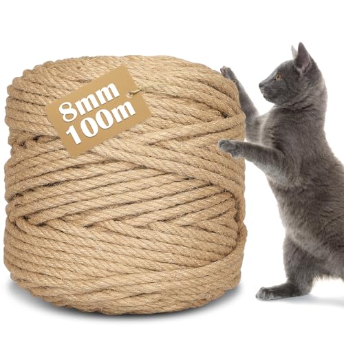 CIOXSOIO Corde en Sisal pour Arbre à Chat de 8mm x 100m, Corde en Chanvre Naturel pour Chat Scratch Pilier, DIY Décoration de Jardin et Maison, Réparation...
