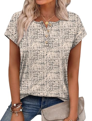 OFEEFAN Womens Tops Henley Shirts Button Down Short Sleeve Business Work Blouses Dressy Casual Summer Tops Spring Outfit