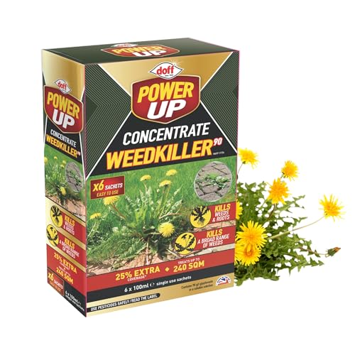 Image of Doff Power Up Concentrate Weedkiller 90 – 6 x 100ml Sachets | Systemic Weed Killer for Garden Weeds, Grass & Roots | Treats up to 240sqm | Easy-to-Use Concentrated Weed Control