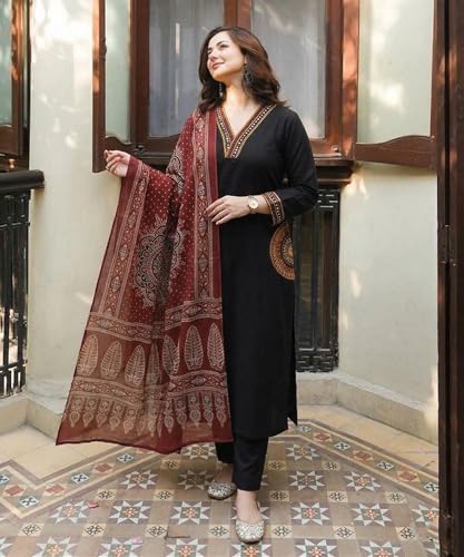 Image of ANNI Designer Women's Rayon Viscose Straight Embroidered Kurta with Pant and Dupatta | V-Neck Kurti Set | 3 /4 Length Regular Sleeves | Soft Comfortable Fabric | 3 Piece Outfit
