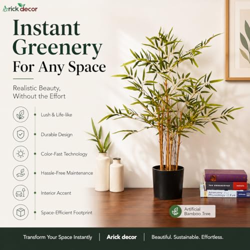 Image of ARICK DECOR Artificial Bamboo Tree 3Ft Tall in Pot - Realistic Faux Bamboo Silk Plant with Natural Look Canes, Peacock Shaped Floor Decor Greenery for Home, Bedroom, Living Room, Office & Balcony