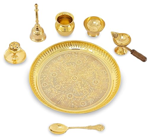 Image of BENGALEN Brass Puja Thali Set 8 Inch Pooja Thali with Pital Plate Kalash Chandan Wati Diya Dhup Dan Ghanti Spoon Arti Thali for Diwali Home Office Mandir Wedding Return Gift Items