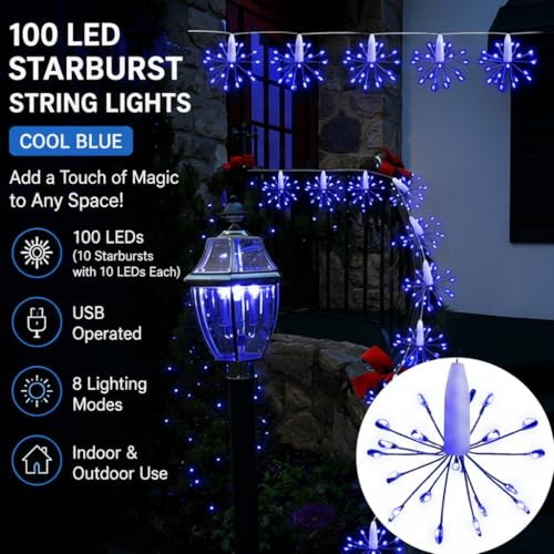 Image of Litehom Starbursts Light, 10 Bright Starbursts Design Sparckle 10Ft Light with USB Operated Waterproof for Diwali, Home Decoration, Birthday, Christmas Tree, New Year, Bedroom Fairy Light (Blue)