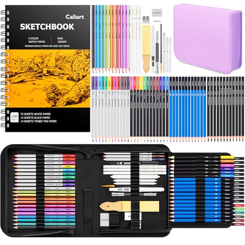 Image of Caliart 176PCS Art Supplies Sketching Kit, 100 Sheets 3-Color Sketch Book | Graphite Colored Charcoal Watercolor & Metallic Pencils, Drawing Supplies Set Gifts for Artists Adults Beginners
