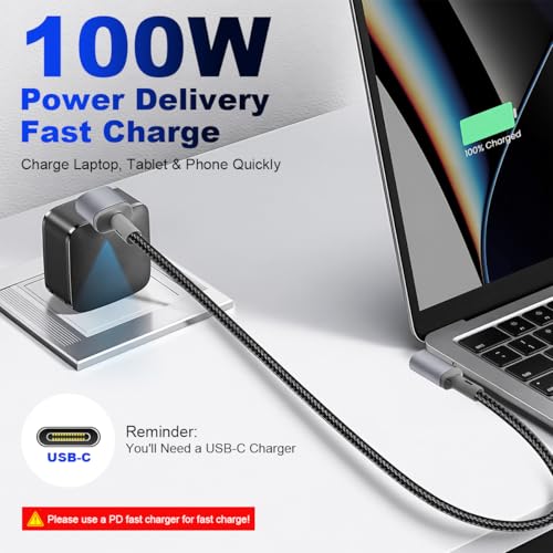 Image of Verilux Right Angle PD 100W Type C Cable Fast Charging 10FT, Nylon Braided C Type Charger Cable with 480Mbps Data Sync, Dual L Shaped for iPhone 17 /16 /15, Galaxy S26 /S25 /S24, Laptop, Tablet