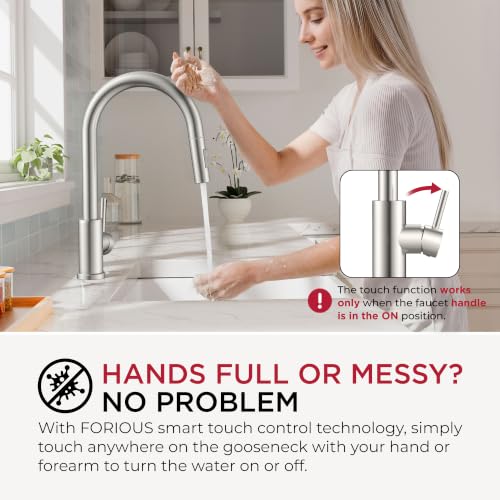Image of FORIOUS Touch Kitchen Faucet with Pull Down Sprayer, Single Hole Brushed Nickel Kitchen Sink Faucet with Deck Plate, Touch Activated, Single Handle High Arc Stainless Steel, Fit for RV Bar Farmhouse