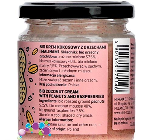 DIET-FOOD - Bio Kokos Mandel Creme - Kokosnusscreme - Coconut Cream - mit Nüsse und Himbeeren - Ohne Zucker - Ohne Palmöl - Raspnutin