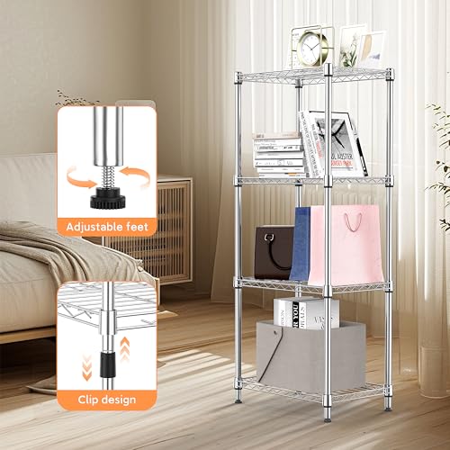 Image of M MZG 4 Tiers Shelf Metal Storage Shelves Wire Rack Closet Organizers with Wheel for Garage Kitchen Bathroom Laundry Chrome 11.8 inch D x 17.7 inch W x 41.9 inch H