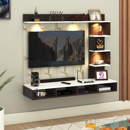 Image of Laura Engineered Wood Wall-Mount TV Unit with Printed PVC Back Panel & LED Lights | TV Cabinet with Storage Box & Decorative Shelves (Wenge /White) for TVs up to 43 Inch | DIY Installation