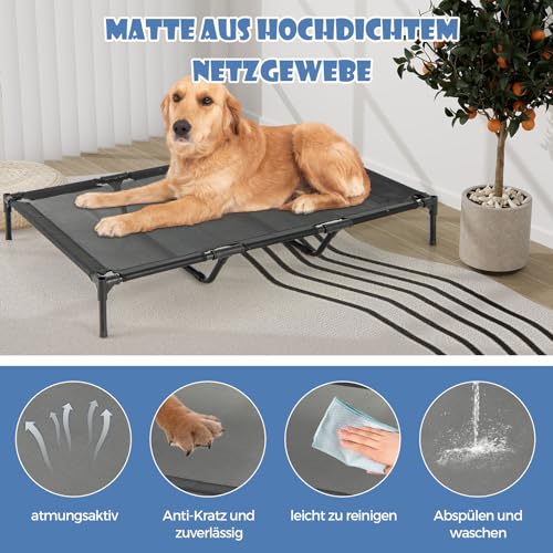 COSTWAY 2 in 1 Hundehütte & erhöhtes Hundebett, Hundeliege Outdoor, Haustierhaus mit atmungsaktivem Netzgewebe & Abnehmbarer Abdeckung, Hundehaus für große Hunde, Oxford, Grau (84 x 132 x 114 cm)