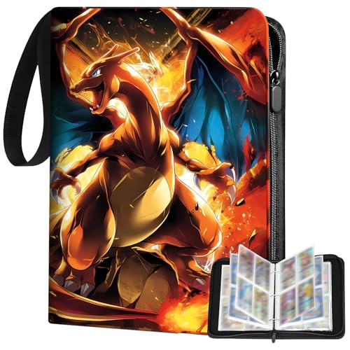 Hlisippa 4 Pocket Card Binder Holds 50 Pages 400 Pockets PU Trading Card Binder Card Folder with Zipper Wrist Strap Large Capacity Collection Binder (400)