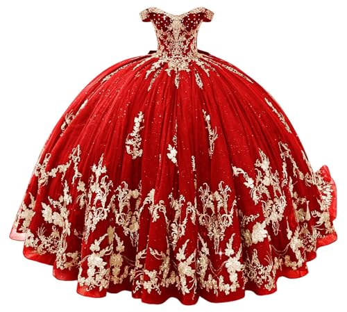 TRHTX Princess Off Shoulder Quinceanera Dresses with Gold Appliques Puffy Tulle Sweet 16 Dresses Sparkly Beaded Ball Gown