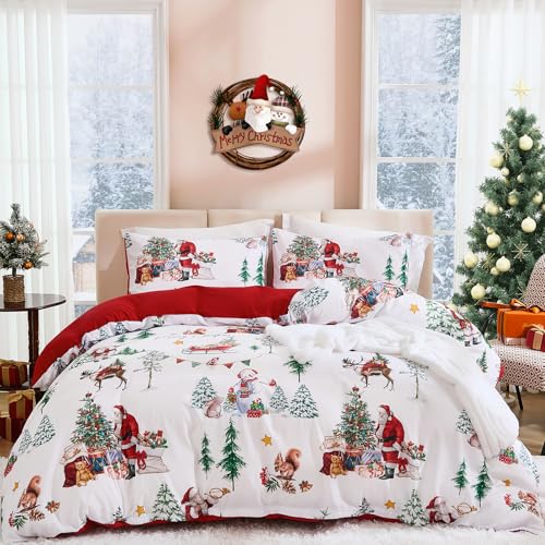 Christmas Duvet Cover Set King Size Santa Claus Snowman Christmas Tree Bedding Set, Microfiber Red Xmas Comforter Duvet Cover with Pillowcases Festive Winter Holiday Decor(Zipper Closure,104''x90'')