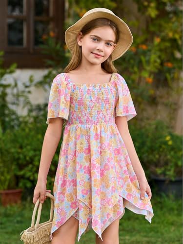 Haloumoning Girls' Summer Floral Dress Kids Short Sleeve Square Neck Smocked Flowy Dresses 5-14 Years2