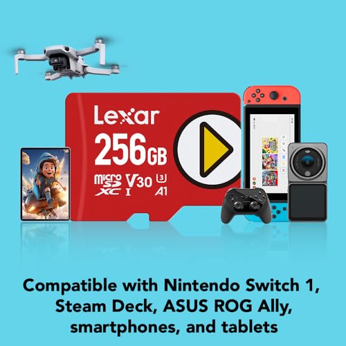 Image of Lexar 256GB PLAY micro SD Card, UHS-I, C10, U3, V30, A2, Full HD, 4K, Up to 205 /140 MB /s microSDXC Memory Card, Expanded Storage for Nintendo-Switch 1, Gaming, Smartphones, Tablets (LMSPLAY256G-BNSNU)
