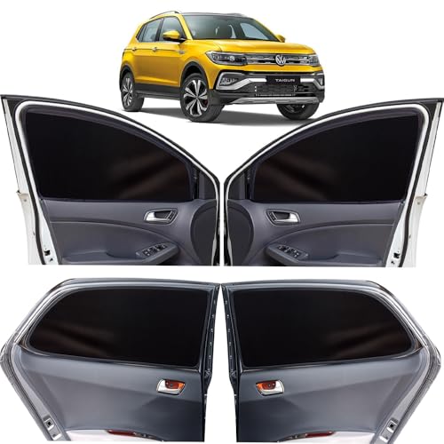 Image of OTO2EYE Car Sun Shade Compatible for Volkswagen Taigun Model-2021 Onwards, Z-Black Super Magnetic Grip, Front Window Zipper, Side Window Curtains, 4 Pieces Set
