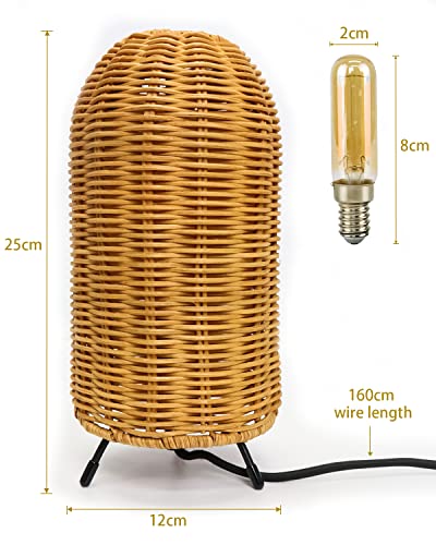 Phichy Rattan Bedroom Table Lamp, Bedside Lamp For Nightstand, Small Desk Lamp With Round Bamboo Woven Light Shade For Living Room, Kids Room, Dorm, Home Office (2200K Led Bulb Included) #TOP3