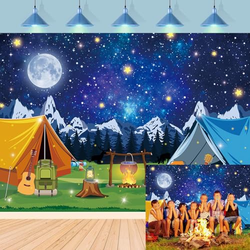 Camping Backdrop Campfire Tent Mountain Forest Night Scene Photography Background Children Adults Outdoor Travel Adventure Birthday Party Decoration Banner Photo Props (7x5FT)