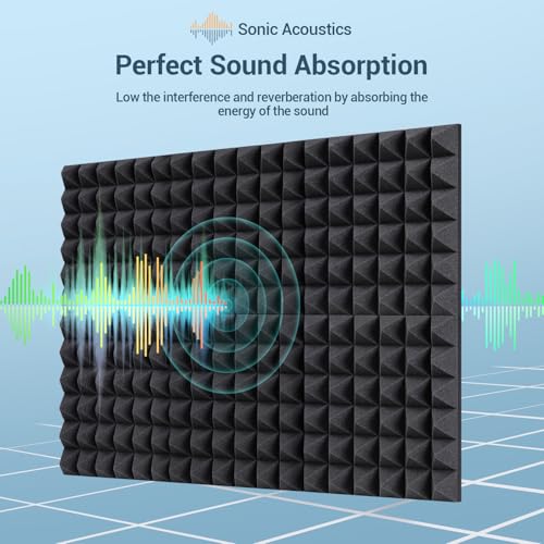 Ohuhu Akustikschaumstoff Akustikpaneele 24 Stück mit Aufkleber, 30 x 30 x 5 cm Pyramidenplatten Schallschutz Wand Schallschutzplatten Schalldämmung für Tonstudio Podcasts Youtube-Zimmer, Anthrazit