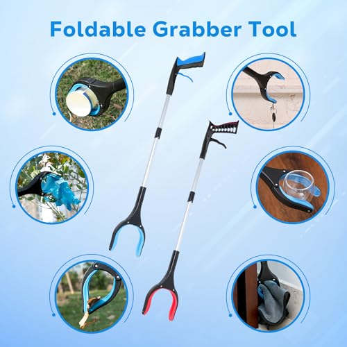 Image of Grabber Reacher Tool - 32 inch Extra Long Foldable Gripper and Reaching Tool - Heavy Duty Pick Up Stick Grabbers for Seniors, Trash, Surgery Recovery Must Haves Gifts (Blue+Orange 2P)