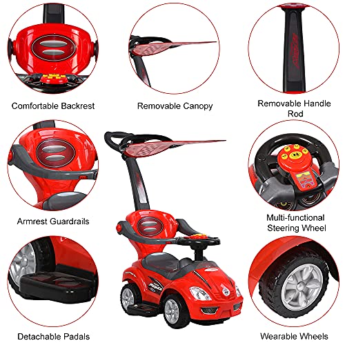 Chromewheels 3 In 1 Ride On Toys Pushing Car With Removable Sun Visor, Mega Car For Toddlers W/Handle & Horn & Music, Color Red #TOP2
