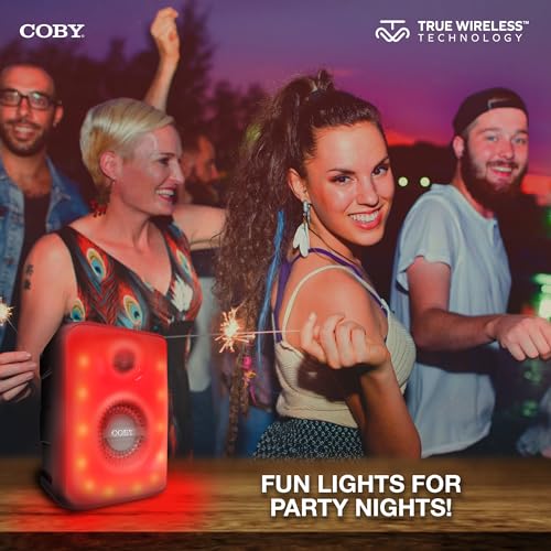 Image of Coby True Wireless Speaker, Portable Bluetooth Speaker with 6 Light Modes, FM Radio, and Handle, Easy Pairing, Rechargeable Battery, Micro USB and 3.5-Millimeter AUX Port, TF Card Reader, 10-Hour Play