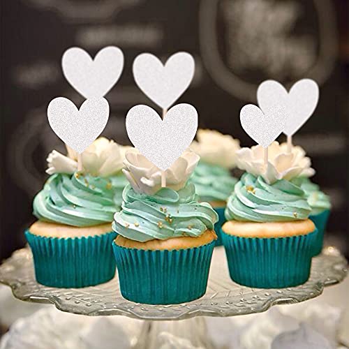 30 Pcs Love Heart Cupcake Toppers Glitter Mixed Size Wedding Engagement Cupcake Picks Decorations For Wedding Anniversary Bridal Shower Birthday Valentine's Day Party Supplies Silver #TOP6