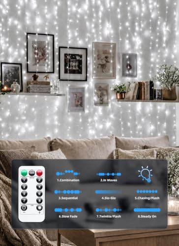 Image of Brightown 300 LED Fairy Curtain Lights, 9.8ft x 9.8ft Curtain String Lights | White USB Plug in 8 Lighting Modes Christmas String Hanging Lights with Remote for Bedroom Indoor Outdoor Party Xmas