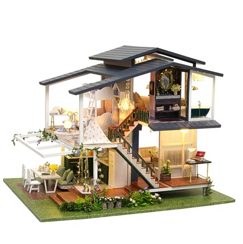 Hallisun DIY Miniature House Kit, Mini 3D Wooden Monet Garden Villa Building Kit, Tiny Dollhouse with LED Lights & Dustproof Cover, Creative Handmade House Craft, Ideal Gift for Adults Teens
