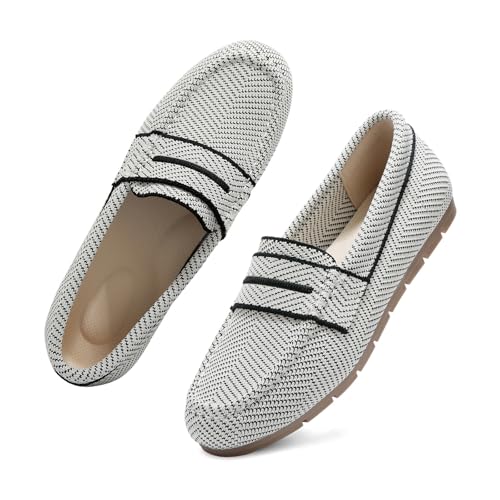 Vespiero Loafers for Women Comfortable Slip on Work Flats Shoes Womens Dressy Casual Walking Shoes Zebra White Knit Fabric Size 8
